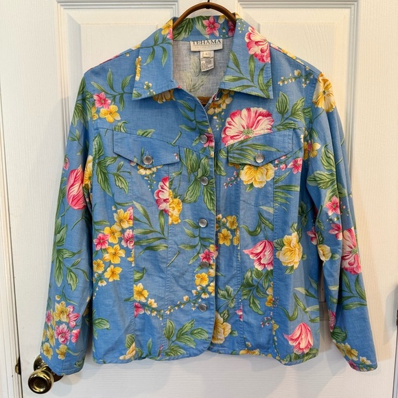 Vintage Blue Floral Linen Blend Jacket - Size Large - Picture 1 of 6